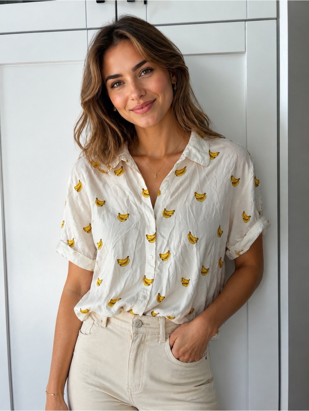 🌸 4 for $20 / Japna White Button-Down Shirt with Yellow Banana Print